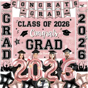 Class of 2026 Graduation Decorations Set, Pink and Black Party Supplies, Congrats Grad Backdrop & Banner, Porch Sign, Foil Balloons