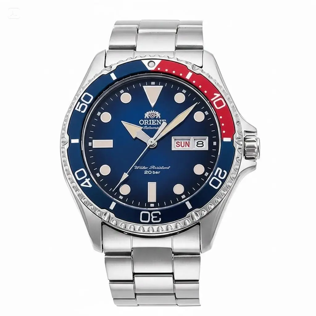 Orient Men's Automatic Dive Watch - Stainless Steel Pepsi Bezel, 200M/20Bar Water Resistant, Blue Dial, Day-Date Luminous Analogue, Luxury Casual Mechanical Watch, Ideal Gift for Men/Dad (Birthday, Anniversary)