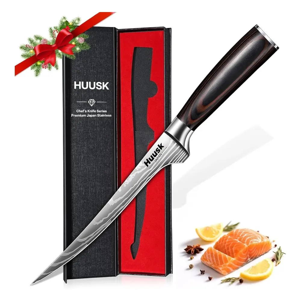 【Deals for You】Huusk Filet Knife for Fish - 7 Inch Fish Fillet Knife with Wood Handle, Flexible Boning Knives for Meat Cutting, Professional Japanese Fishing Knives for Meat Poultry Cutting