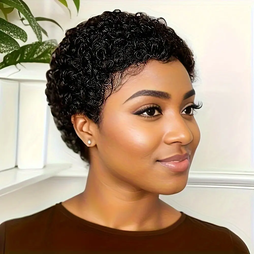 Short Afro Curly Human Hair Wear Go Wig 150% Density Machine Made Short Curly Human Hair Pixie Cut Wigs 4inch