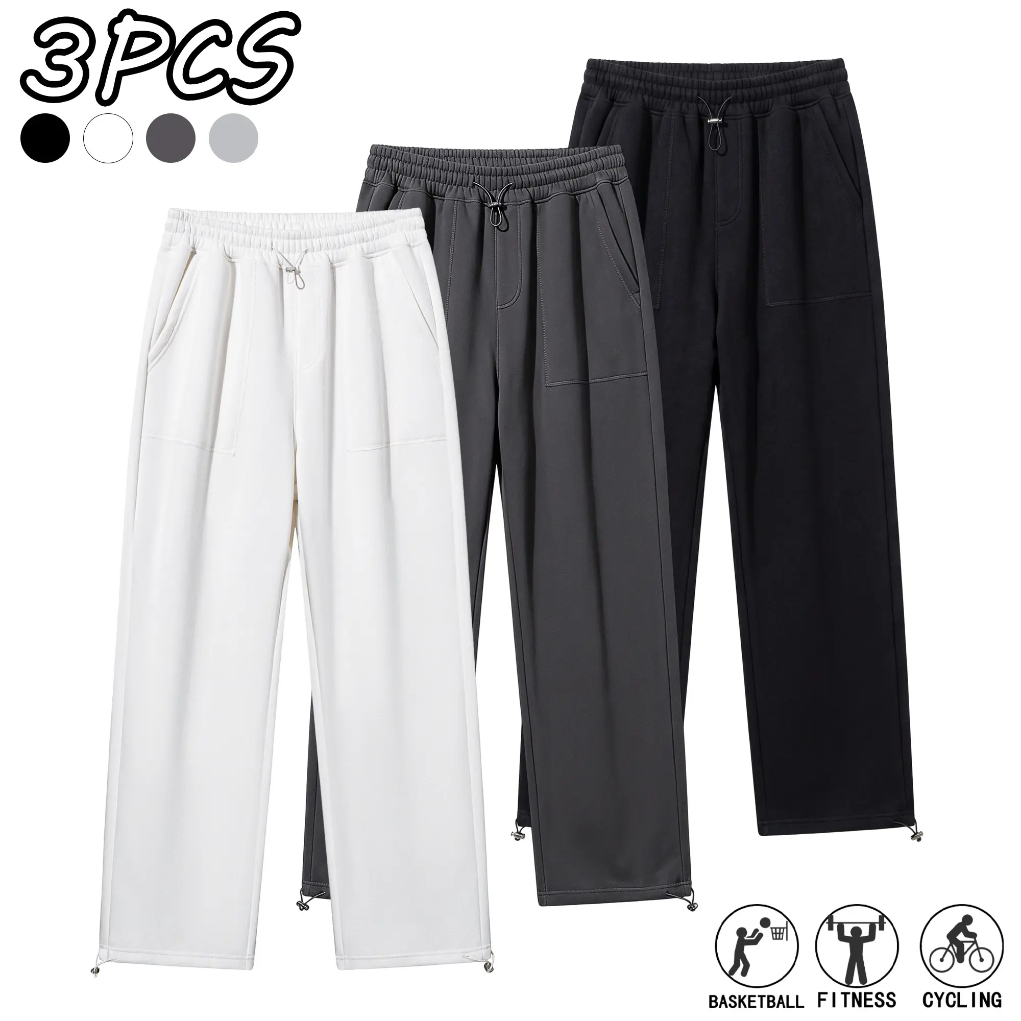 Men’s 3-Pack Plain Loose Baggy Cotton Blend Jogger Pants, Adjustable Drawstring Elastic Waistband, Adjustable Cuffs, Multiple Pockets, Casual Menswear Bottoms for Everyday Outfit, Commuting