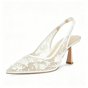 Lace Mesh Slingback Heels for Women Embroidered Kitten Heels Bridal Shoes Pointed Toe Wedding Pumps