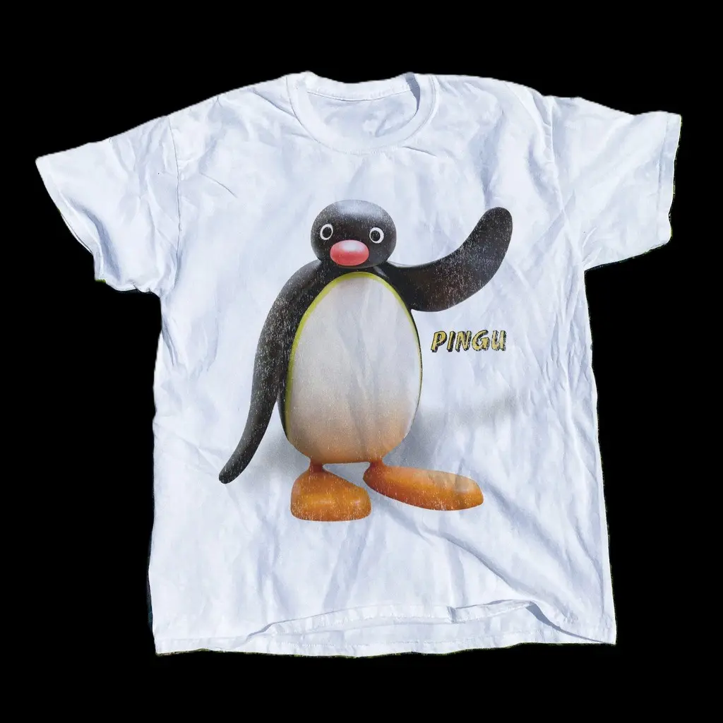 VINTAGE 1994 'PINGU' WHITE T-SHIRT Retro Print Cotton Short Sleeve Tee for Men Women Streetwear