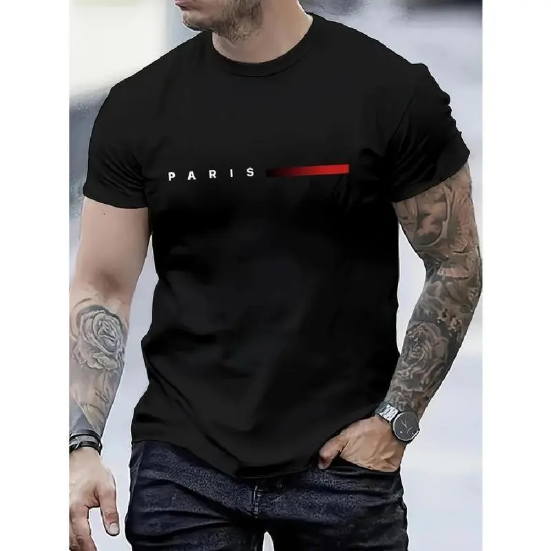 Men's Paris Print Short-Sleeve T-Shirt - Soft Polyester, Round Neck, Regular Fit Casual Summer Menswear Top, Shortsleeve, Paris-Themed Men's Short-Sleeve T-Shirts, French Print Men's Short-Sleeve T-Shirts