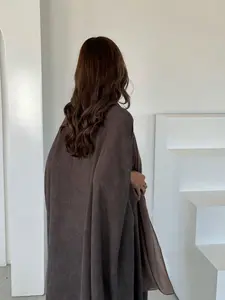 L714(1-Piece Brown Linen-Blend Open Abaya, Casual Modest Muslim Kimono Outerwear)