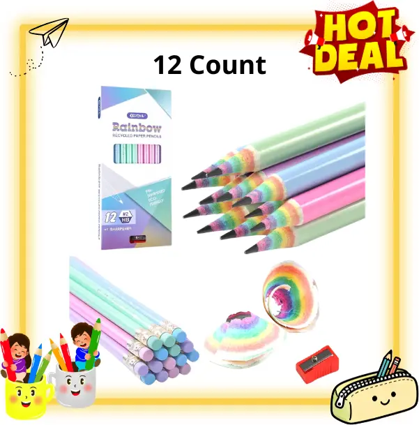 12 Count Cute Rainbow #2 Pencils, Pre-Sharpened Wooden Paper Pencils with Erasers, Back to School Supplies for Kids & Students