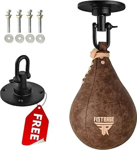 Fistrage Vintage Beige Leather Boxing Speed Ball Punch Bag Kit with Swivel Wall Mount for MMA Muay Thai Training Heavy Duty Durable Home Gym Equipment for Commercial Use Professional Fitness Punching Bag for Workout