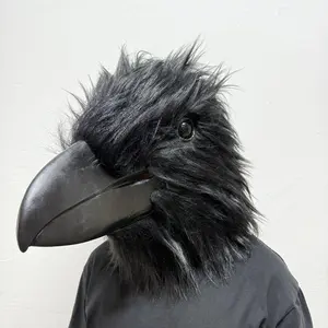 Raven Mask With Black Feather Crow Full Headgear Realistic Animal Mask Halloween Costume Party Carnival Role-play Prank Props