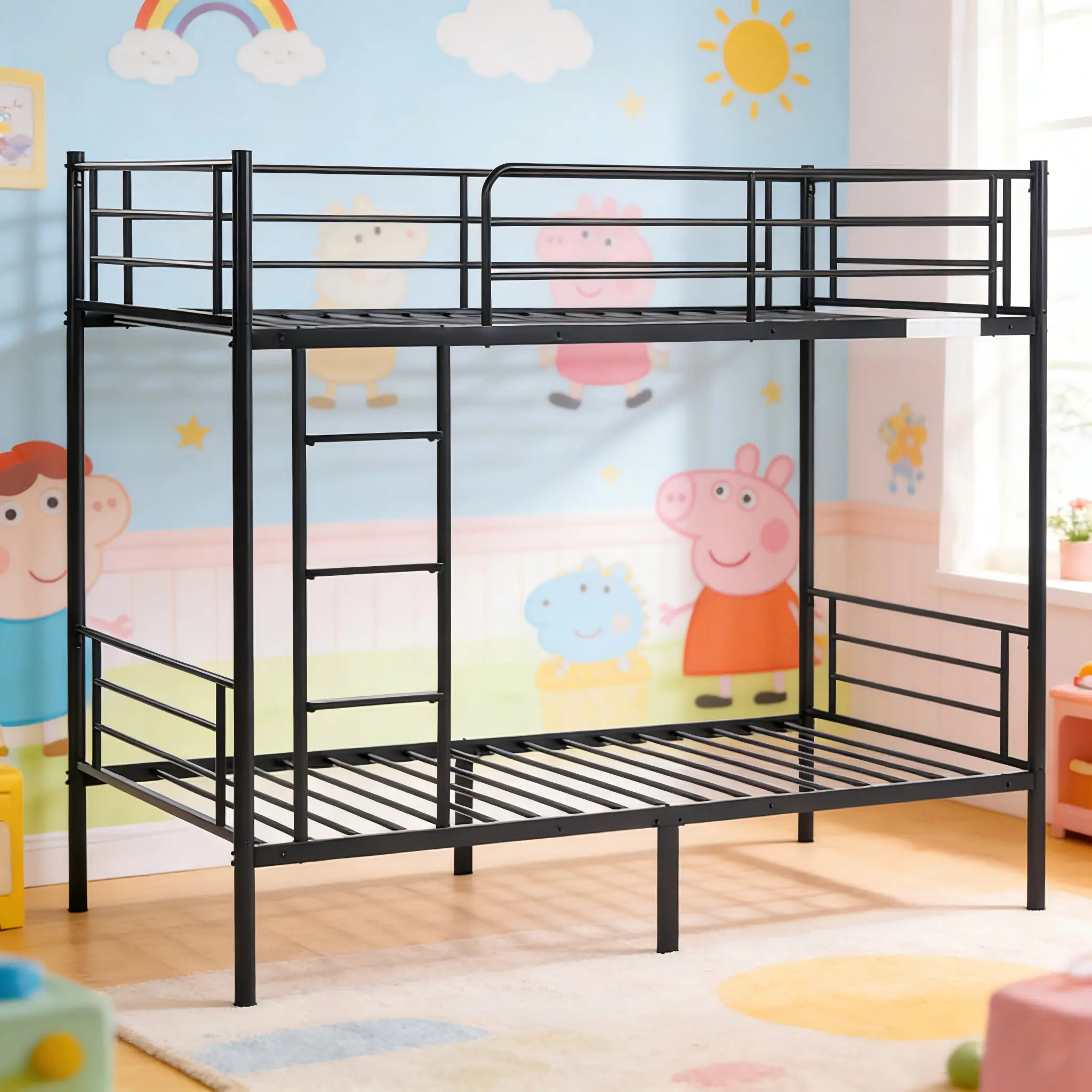 Metal Bunk Bed Twin Over Twin, Kids Bunk Bed with Safety Guardrail and Ladder, Heavy Duty Iron Bed Frame Black