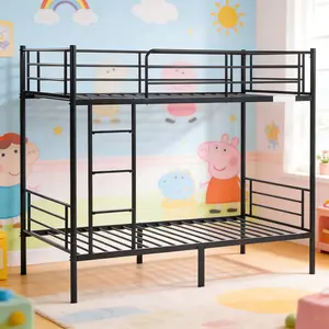 Metal Bunk Bed Twin Over Twin, Kids Bunk Bed with Safety Guardrail and Ladder, Heavy Duty Iron Bed Frame Black