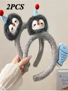 Creative Penguin Fish Hairbands, Cute Cartoon Plush Headband, Sweet Face Mask Holder, Women's Fashion Accessory, Set of 2