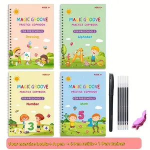 Magic Practice Copybook, Reusable Writing Magic Book, Grooved Handwriting Workbooks for Preschool Kids Age 3-8 ​Calligraphy (4 Books with Pens)