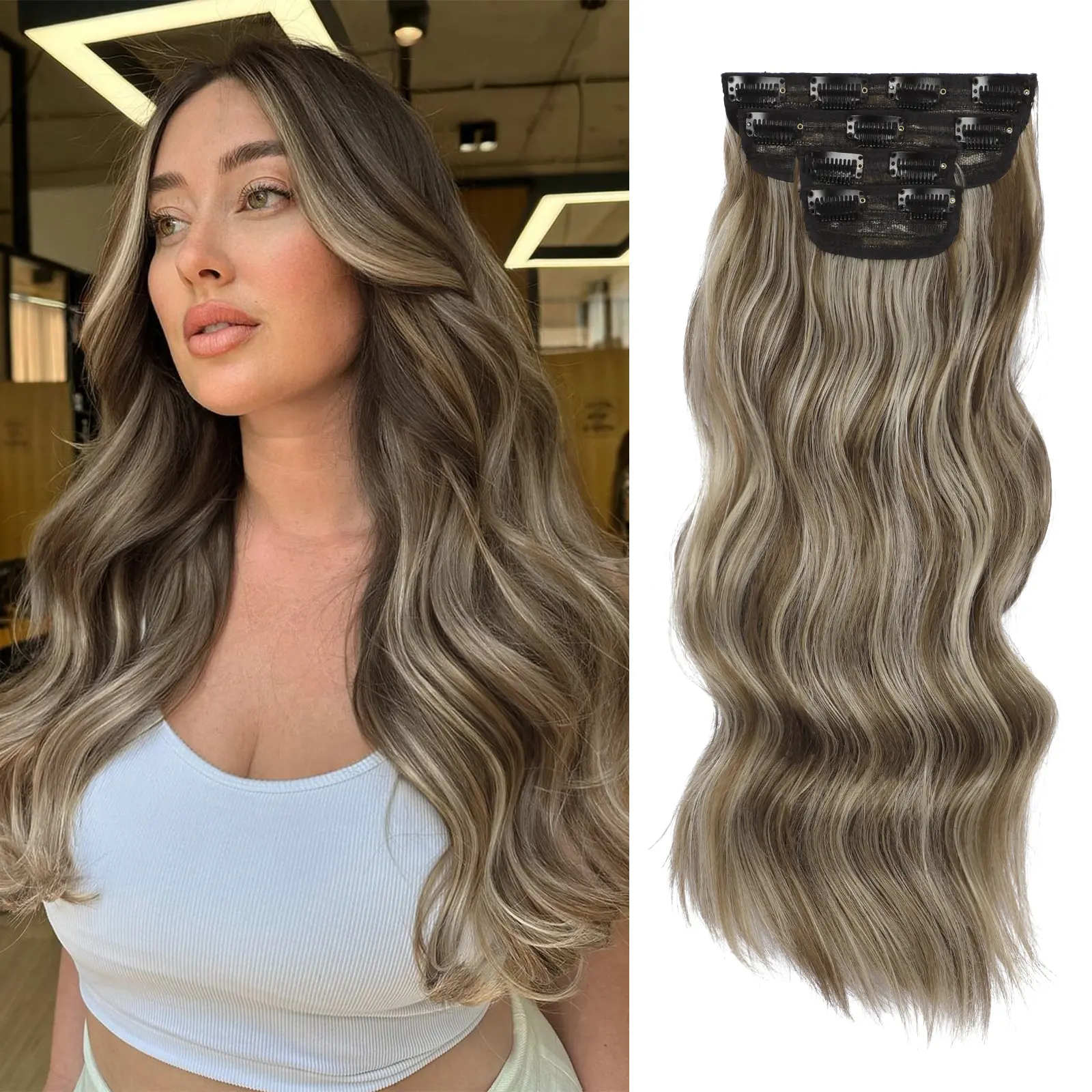 Vigorous Female Wavy Synthetic Extensions & Pieces - Long Natural Wave Snap Clip Hair Extensions, Light Ash Brown Mixed Ash, Easy-to-Install, for Daily & Event Use