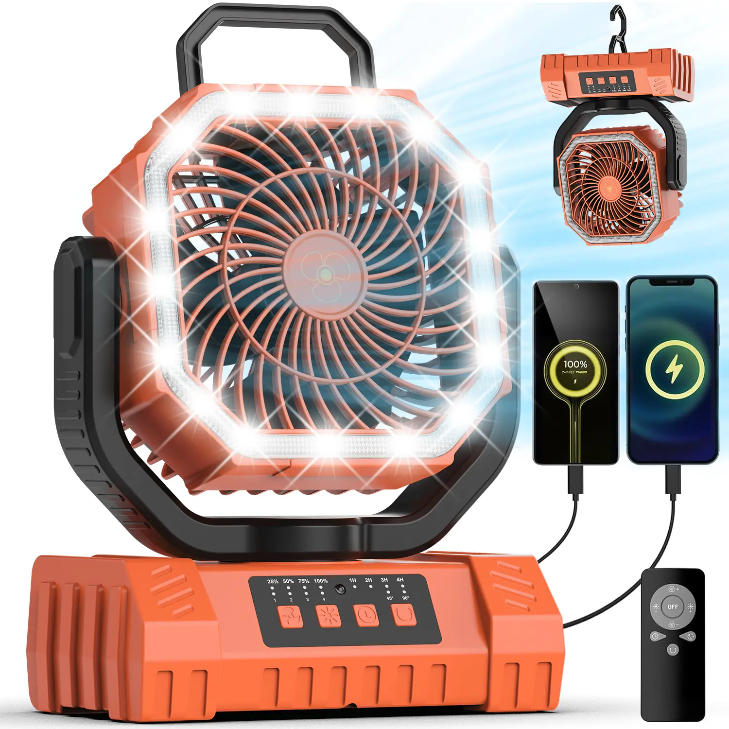 20000mAh Rechargeable Portable Fan - Battery Operated Oscillating Cooling + Light Fan with Auto-Oscillation, Remote, Timer, LED Lantern, Hanging Hook, 4 Speeds for Camping, Emergency Power Outages Cordless Camping Fan Adjustable Fans