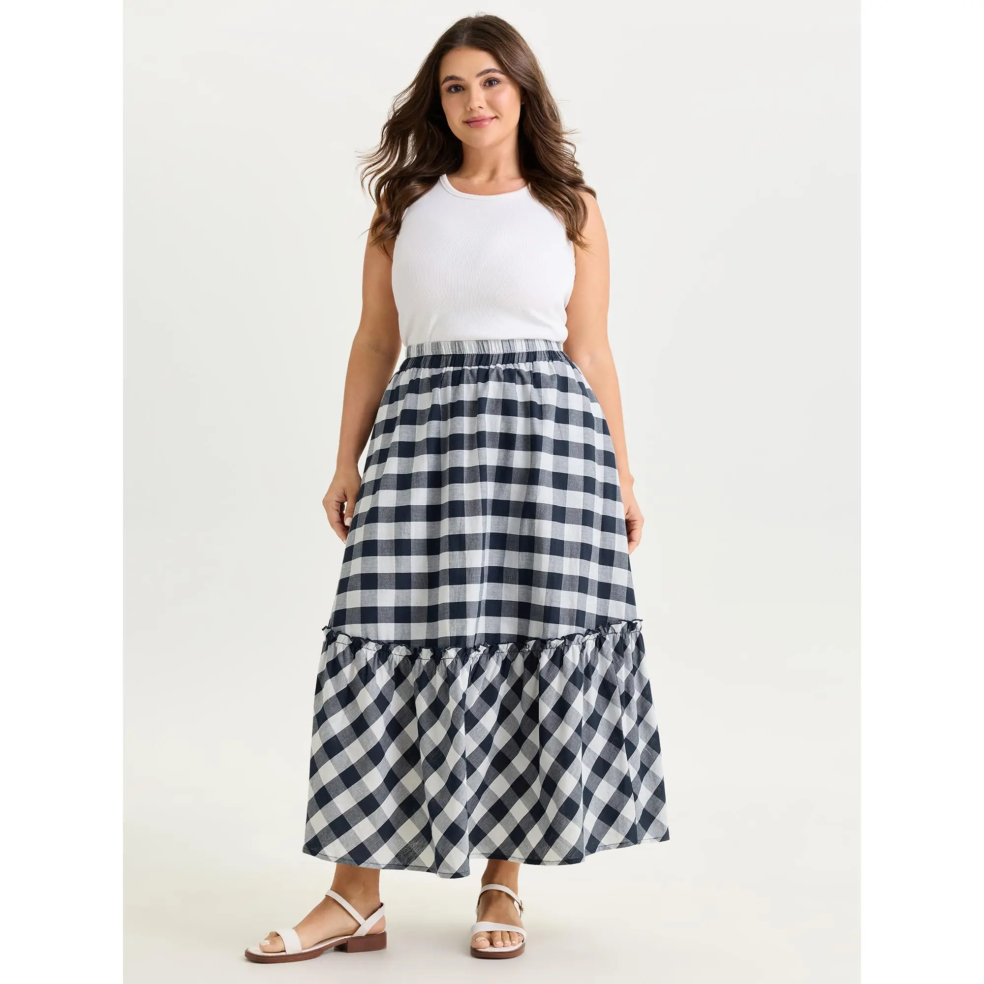 BloomChic Women's Plus Size Bottoms, a Plaid Skirt Garment in 100% Cotton Fabric with a Flowy Tiered Design, Smocked Waist, and Pockets, Smooth, Fit, Long Skirts, Skirts For Women