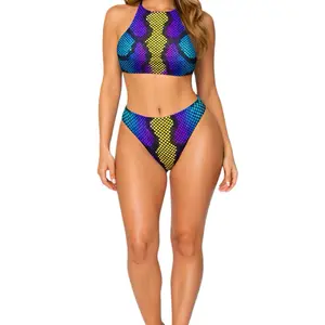 Neon Snake High Neck Bikini Set - Vibrant Snake Print High Neck Top & Matching Bottoms for Women