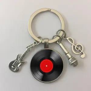 Vinyl Record Retro Music Keychain, Classic Style Phonograph Dome Glass Keyring, Couple's Gift, Musical Note & Guitar Charm