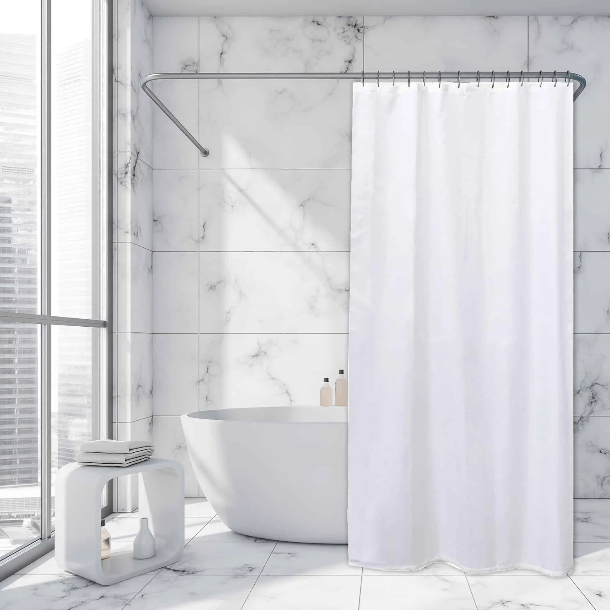White Extra Long Shower Curtain Polyester 12 Rings 79"L x 71"W