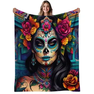1Pc Sugar Skull Flannel Blanket - Mexican Day Of The Dead Design With Calavera Woman & Floral Print, Soft Warm 280Gsm All-Season Throw For Couch, Bed, Sofa |   Vibrant Multicolor Day Of The Dead Decor, Machine Washable Cozy Home Accent