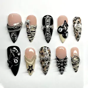 Black Chrome Leopard Press-On Nails, 3D Chains and Spike Charms, Silver Cross and 8-Ball Details, Nude and Animal Print Mix, Handmade Custom Nail Art, Edgy Glam Rock Aesthetic for Bold Fashion Lovers