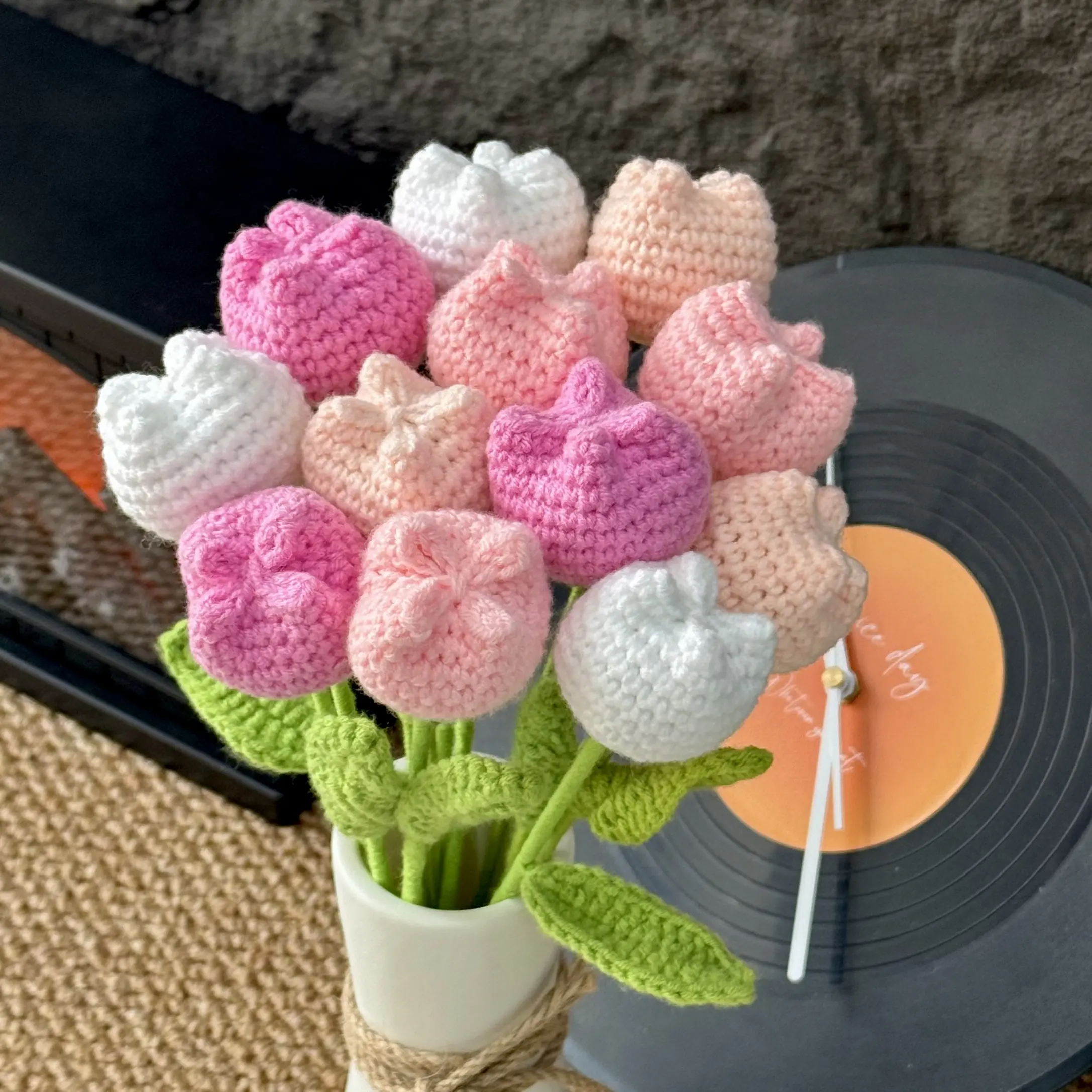 Crochet Tulip Flower Bouquet without Vase, Artificial Flower Bouquet, Graduation Gifts, Mother's Day Gifts, Fall Room Decor, Summer Tulips Artificial Decorative, Home Centerpieces Decor Wedding Anniversary