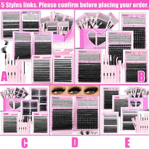 YIDUO 10 Styles Lash Clusters Kit 50D/60D/80D/100D/200D/300D/Bottom/Spike/Manga/Volume 5-20mm Eyelash Extension 1488 Pcs D-Curl With Lash Bond and Seal, Lash Remover, Lash Tweezers, Eyelash Brush DIY, DIY Volume Eyelashes, Eyelash Extensions