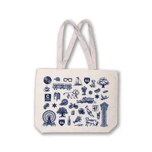 Chicago Icons Tote Bag - White with Blue Illustrations, Ideal for Everyday Use