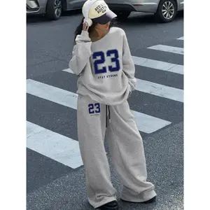 Women's Two-Piece Set Asymmetrical Neck Thickened Fleece Sweatshirt and Pants Light Street Style Casual Fashion Fall & Winter
