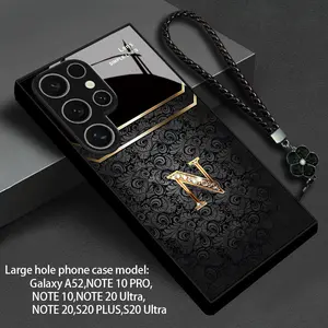 Background N Letter Pattern Phone Case with Lanyard, Premium Business Style Glass Cover for Samsung S25-S20, Note Series & More