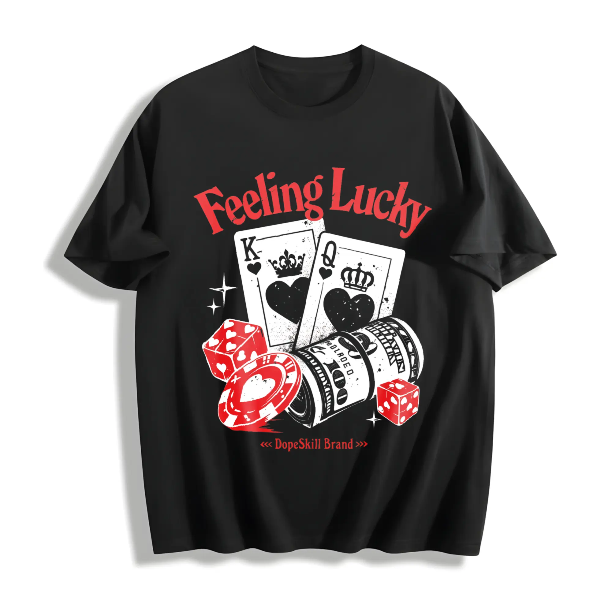 1 PCS Retro "Feeling Lucky - Casino Elements" Graphic Tee: Featuring Distressed Vintage Finish, Front Mini Red Dice Print, Back Bold "Feeling Lucky" Letter Print In Red, Artistic Illustration Of King & Queen Poker Cards, Dice, Casino Chips, And Rolled Do