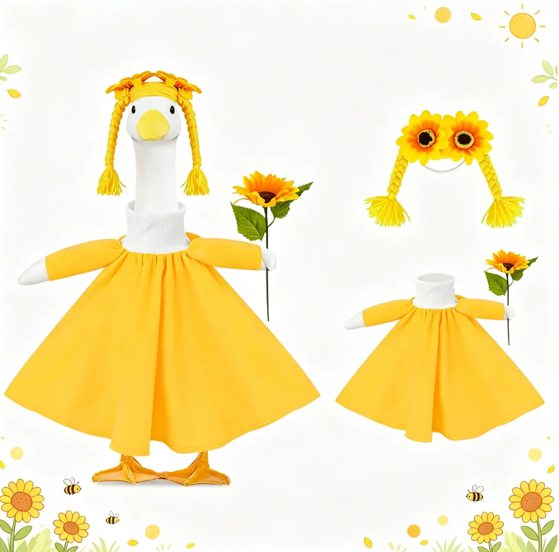 Sunflower Theme Costume Kit for 23-Inch Porch Goose Statue - 3 Pcs Felt DIY Outfit with Yellow Dress & Braided Headband, Outdoor Garden Arts Decoration