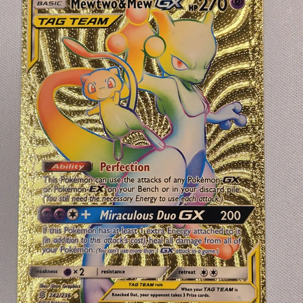 Mewtwo & Mew GX Gold Foil Fan Art Collectible Trading Card, Cool Display Piece for Card Collectibles Enthusiasts