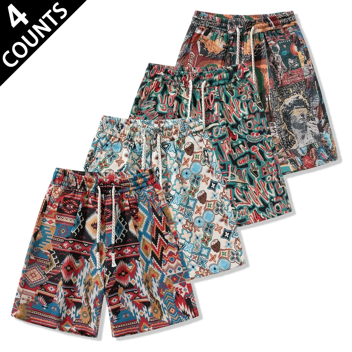 Men’s 4-Piece Bohemian Print Casual Shorts - 4-piece set, Lightweight Breathable Quick-Dry Soft Fabric, Elastic Drawstring Waist, Relaxed Fit, Ideal for Summer Streetwear, Beach Trips, 4-Piece Set 1