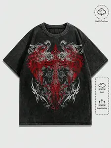 Men's Gothic Font Drop Shoulder T Shirt Spring Summer Casual Graphic Tee 2000S Y2K Vintage Washed Streetwear Top Perfect for School Halloween Daily Casual Wear