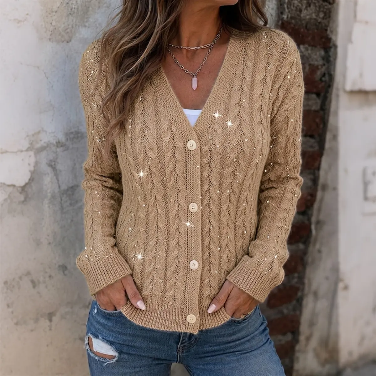 CHICME Women's Sequin Cable Knit Cardigan V Neck Button Down Slim Fit Long Sleeve Sweater
