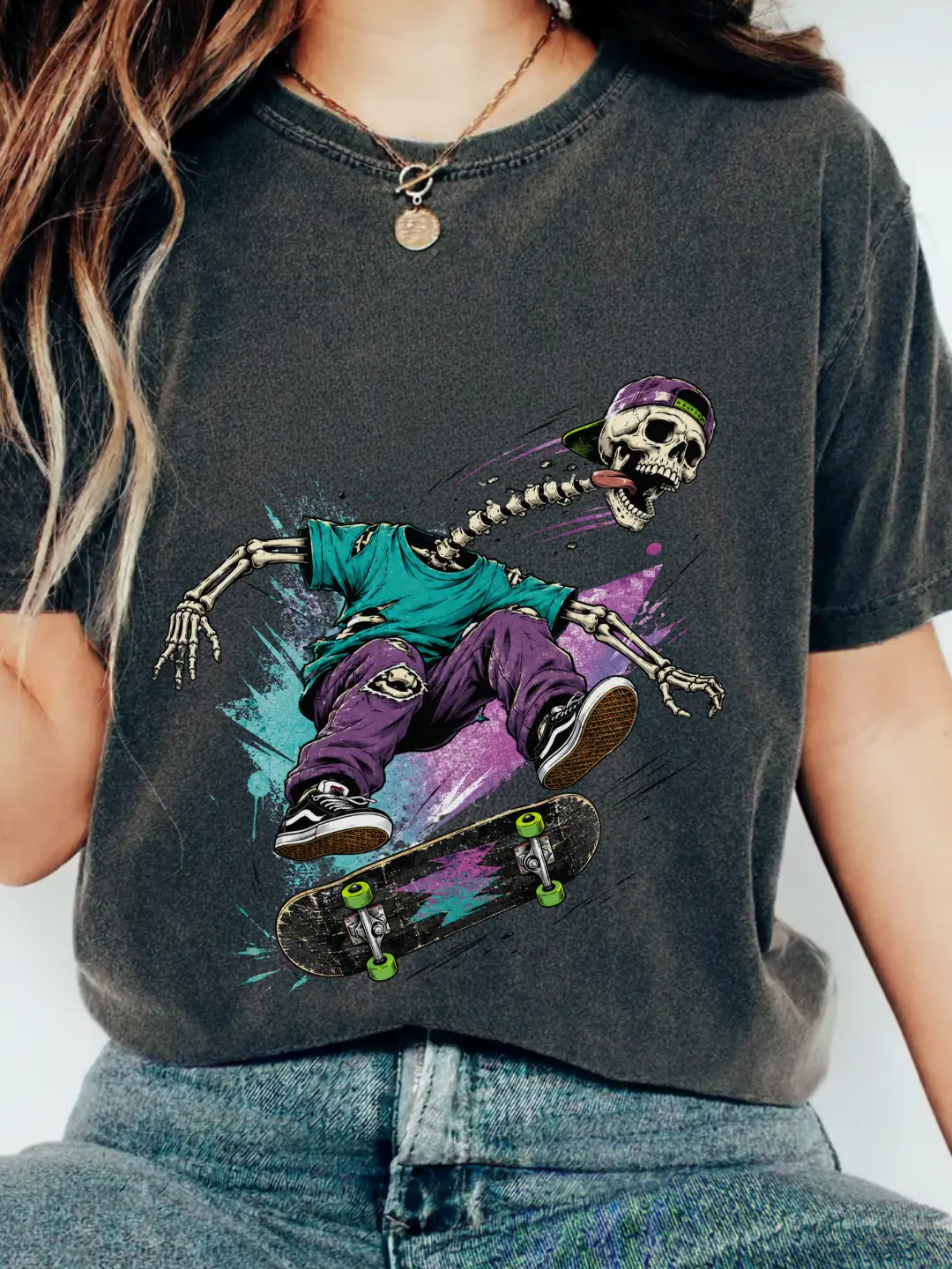 Skeleton Skateboarder T-Shirt, Comfort Colors®  Garment-Dyed Cotton Shirt, Funny Halloween Skater Streetwear Shirt for Men Women, Spooky Skateboarding Gift, Vintage Oversized Street Style Tee
