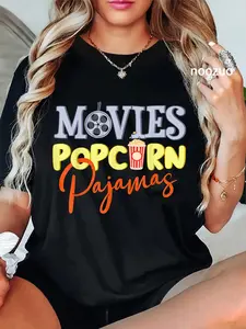 100% Cotton Movies Popcorn Pajamas Movie Night Movie Pajama Party T-Shirt