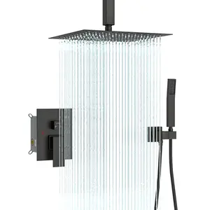 Sarlai Ceiling Mount Slide Bar Shower Faucet Set, Ceiling Shower Slide Bar Kit with Handheld Sprayer Pre-Buried Valve, 10 Inch Square Rain Shower Head System