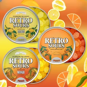 Retro Sours Hard Tangy Candy Pack of 3 Tins Combo Tangerine Citrus Mango 60g Each Nostalgic Flavors Perfect for Sour Lovers Tropical Fruity Twist