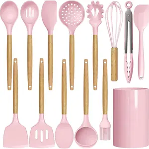 Silicone Kitchen Utensils Set - 446 ° F Heat Resistant Cooking Utensil Sets, Spatula,Turner,Tongs,Spoon,Brush,Whisk, Wooden Handle Silicone Kitchen Gadgets Tools for Non-Stick Cookware BPA Free (Pink)