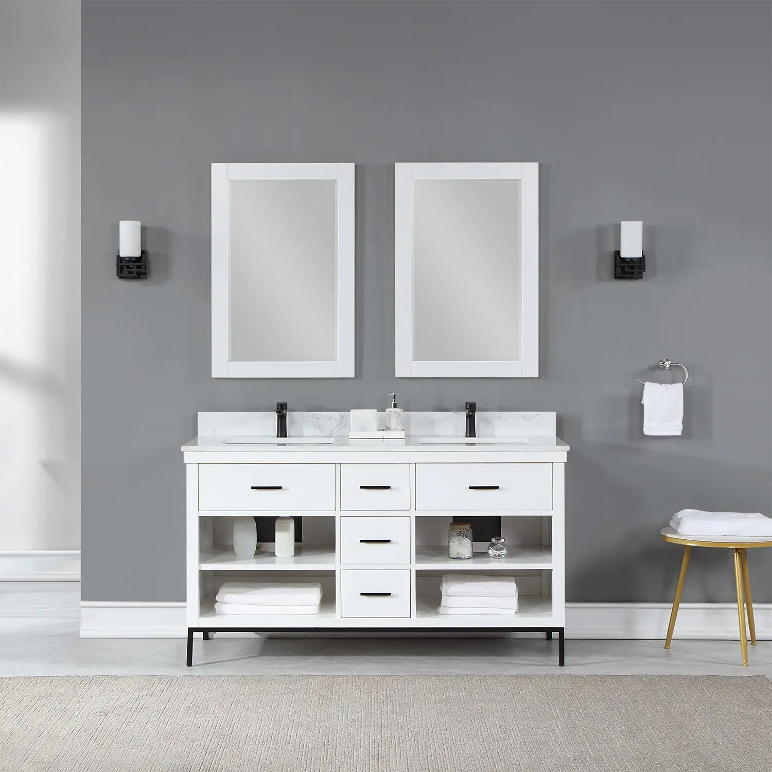 Altair Design Kesia 60" Double Bathroom Vanity Set in White with Aosta White Composite Stone Countertop