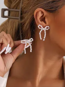 Vintage Faux Pearl Bow Flower Handmade Knitted Earrings, Fashion Earring, Retro Style, Unique Design, Perfect for Women & Girls, Ideal Gift Idea, All Season Jewelry