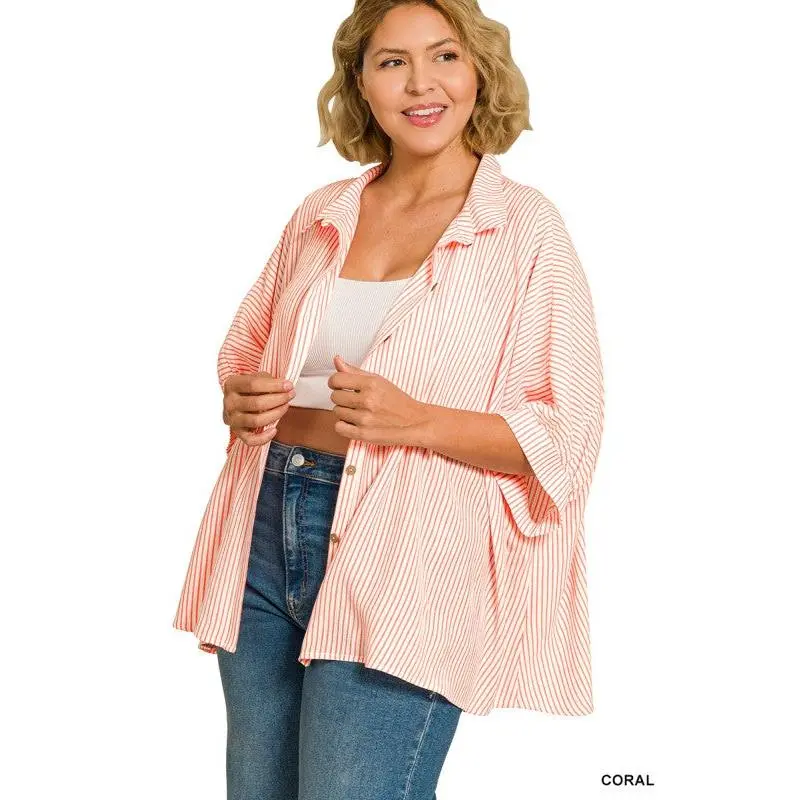 Zenana Plus Woven Stripe Boxy Button down Top