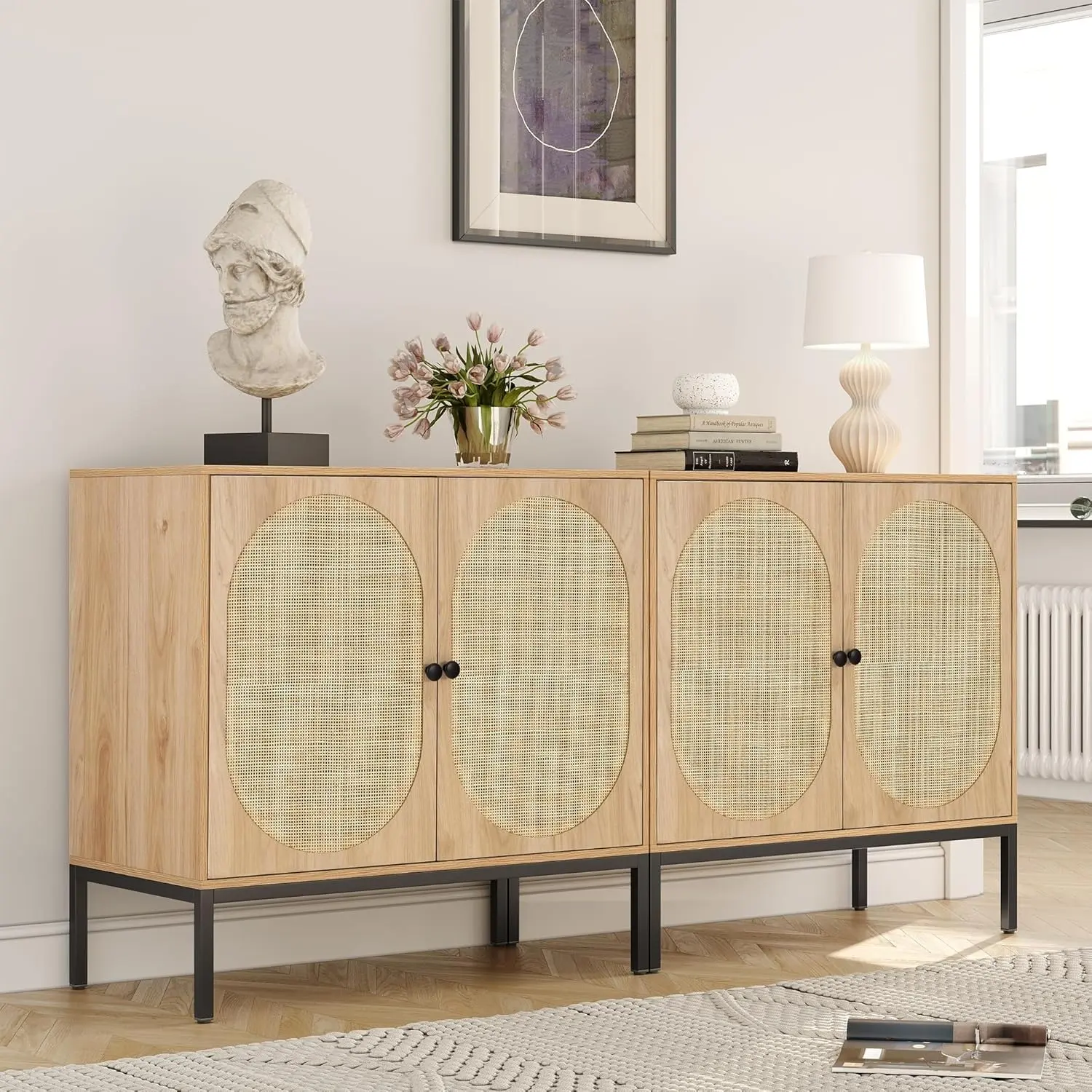 Yechen Set of 2 63" Double Door Dual Storage High Capacity Easy Assembly Rattan Sideboard Cabinet, Natural Rattan Hand-Woven Doors, Metal Legs, Accent Buffet Storage Console Credenza for Living Room, Entryway, Double Door Sideboards, Dual Storage Sideboar