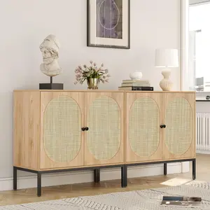 Yechen Set of 2 63" Sideboard Cabinet with Natural Rattan Hand-Woven Doors, Rattan Cabinet, Accent Buffet Storage Console Cane Credenza, for Living Room Entryway, Metal Legs/Natural