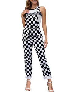 ODEFOU Valentine's Day Gifts Checkered Overalls for Women Stretch Plaid Print Football Game Outfit Fashion Jean Jumpsuit Cute Denim Bibs Coveralls Sleeveless Clothes Spring Fall Winter Festival Vibes Womenswear