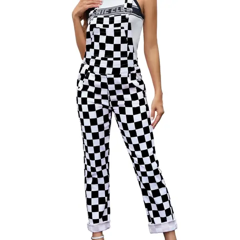 ODEFOU Football Season Women's & Men's Checkered Overalls Stretch Plaid Print Game Outfit Fashion Jean Jumpsuit Cute Denim Bibs Coveralls for Halloween Christmas Festivals Menswear Womenswear Teacher OOTD 2026 Autumn Vibes Trends Style