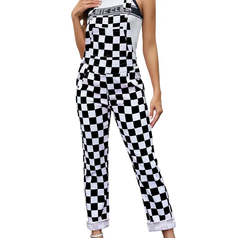 ODEFOU Football Season Women's & Men's Checkered Overalls Stretch Plaid Print Game Outfit Fashion Jean Jumpsuit Cute Denim Bibs Coveralls for Halloween Christmas Festivals Menswear Womenswear Teacher OOTD 2026 Autumn Vibes Trends Style