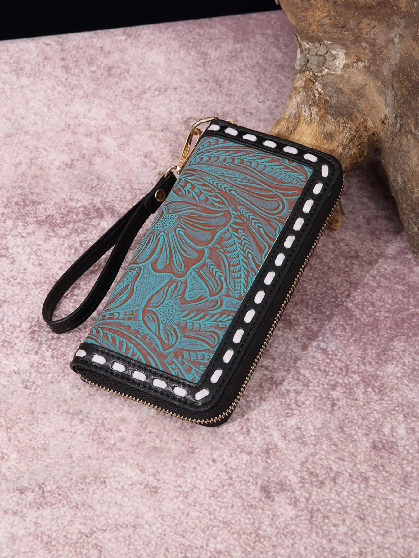 Women's Summer 2025 Fashion Vintage Pu Leather Long Wallet, Casual Zipper Random Plants Print Wristlet Wallet for Daily Use, Matching New Trendy Card