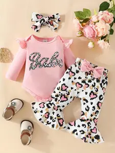 Three-Piece Spring Autumn Set with Letter Print Long Sleeve Romper, Heart Print Flared Pants & Headscarf, Comfortable Toddler